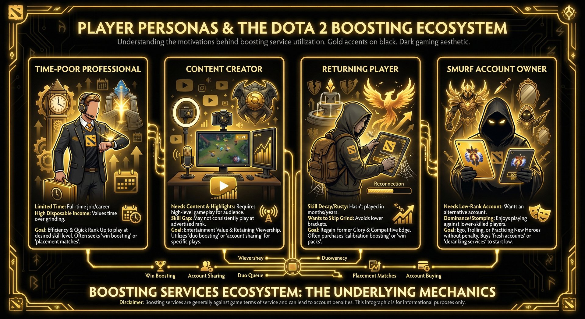Infographic showing different player personas who use boosting services — time-poor professional, content creator, returning 