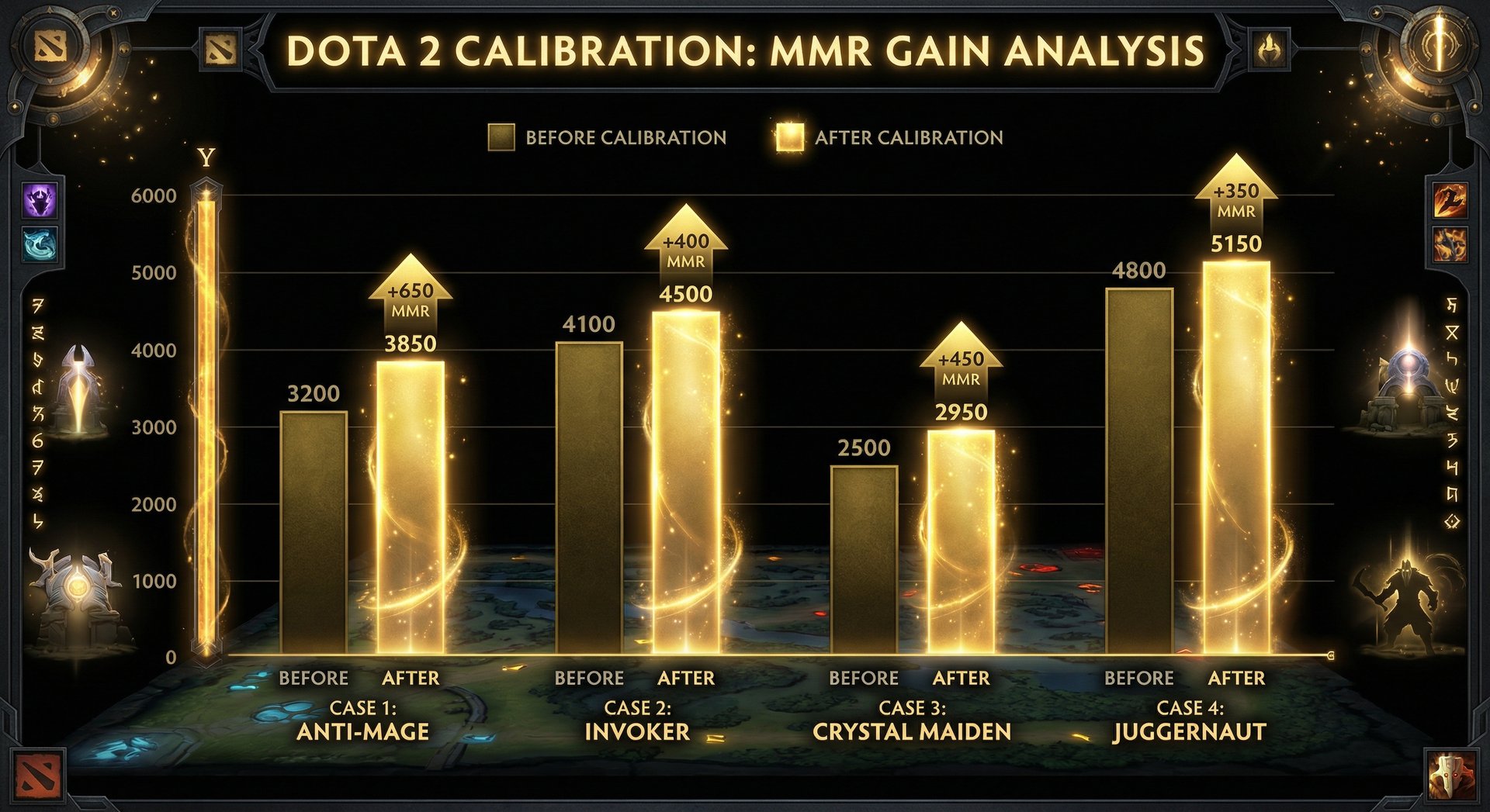 Bar chart showing before/after calibration MMR for the four case studies, with annotations showing MMR gained