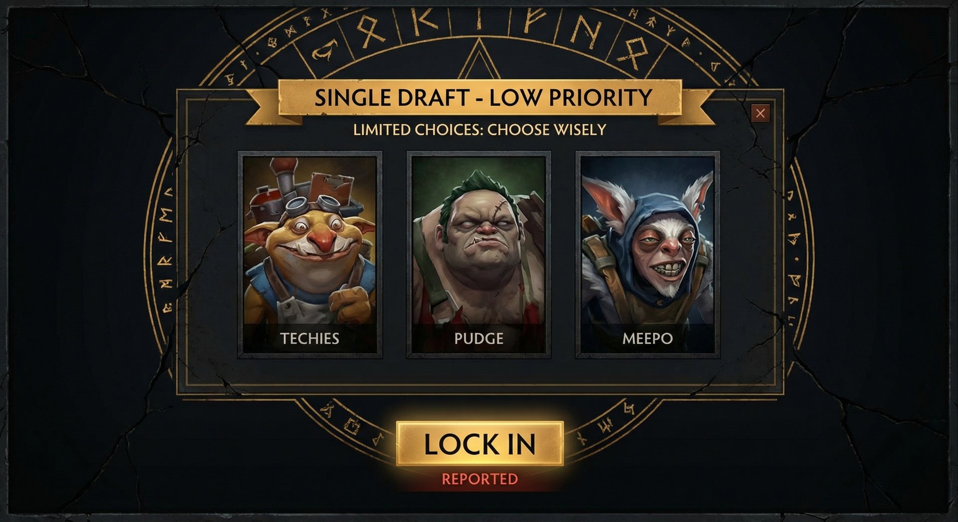 A Dota 2 Single Draft hero selection screen showing three random heroes, highlighting the limited choices in LP games