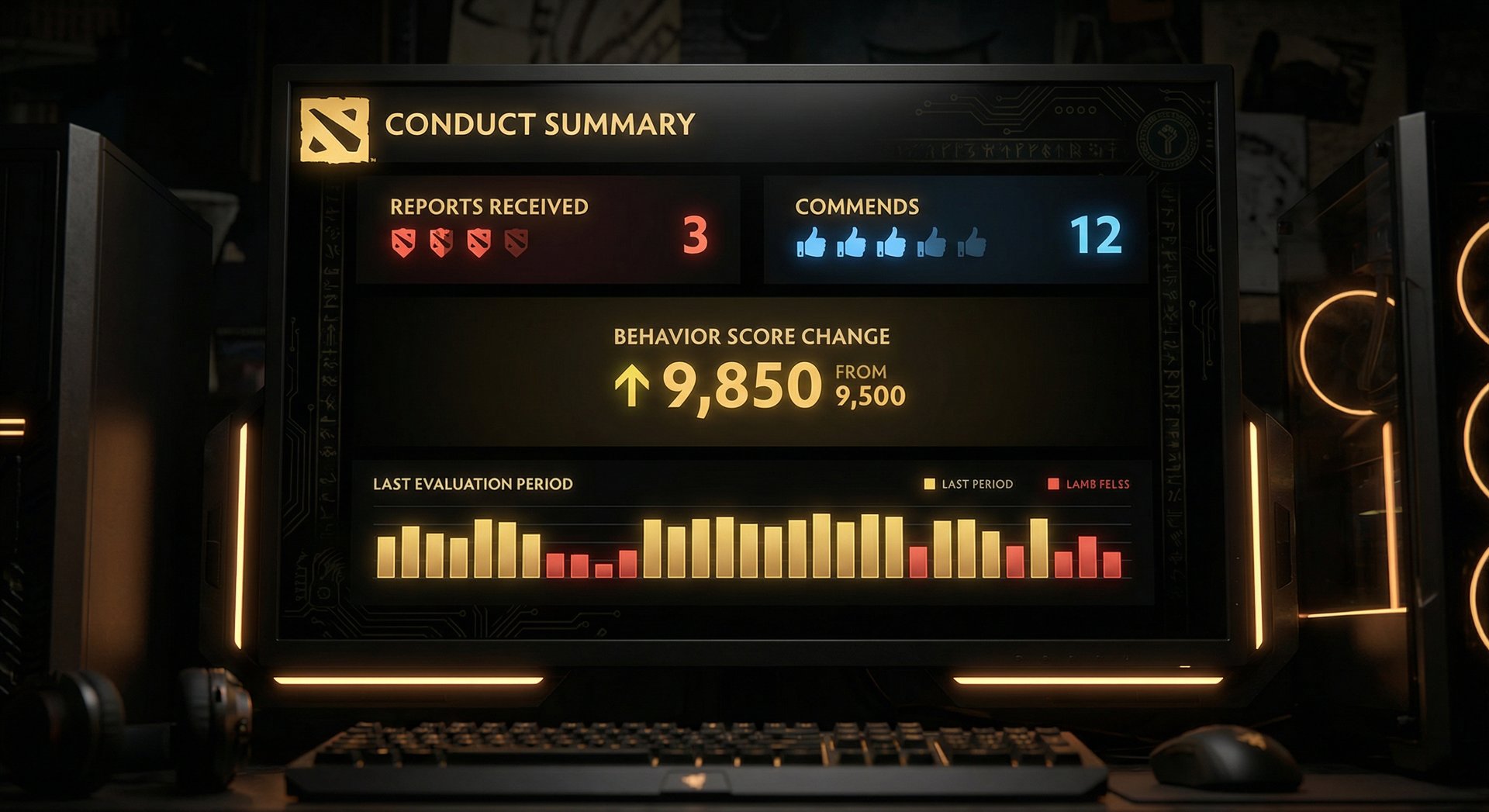 A Dota 2 conduct summary screen showing reports received, commends, and behavior score change over the last evaluation period