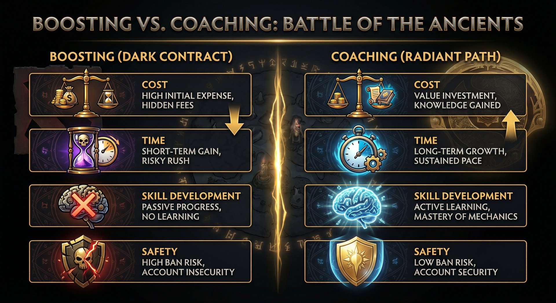 An infographic showing the boosting vs coaching comparison with icons for each dimension — scales for cost, clock for time, b
