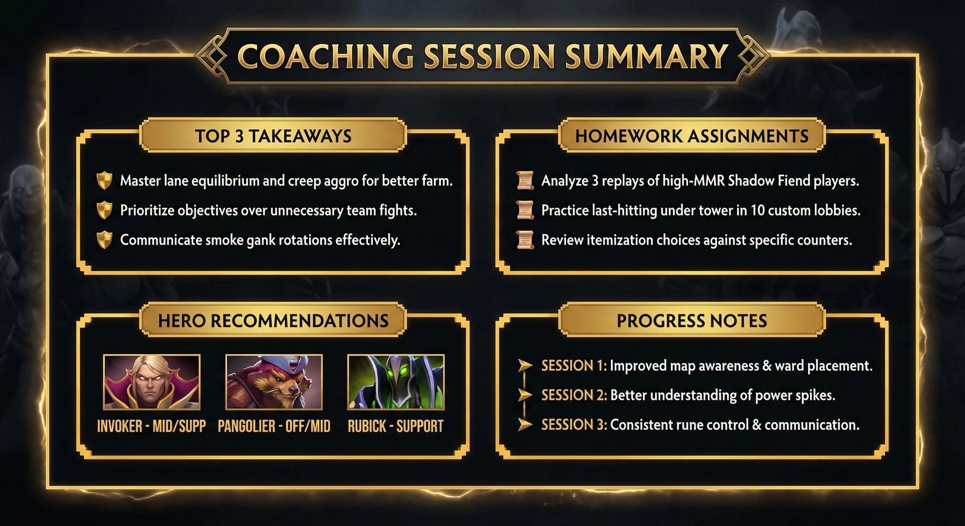 A coaching session summary document showing top 3 takeaways, homework assignments, hero recommendations, and progress notes f