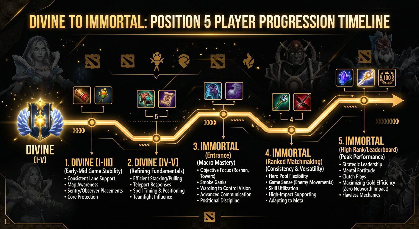 Timeline graphic showing expected progression from Divine to Immortal for pos 5 players