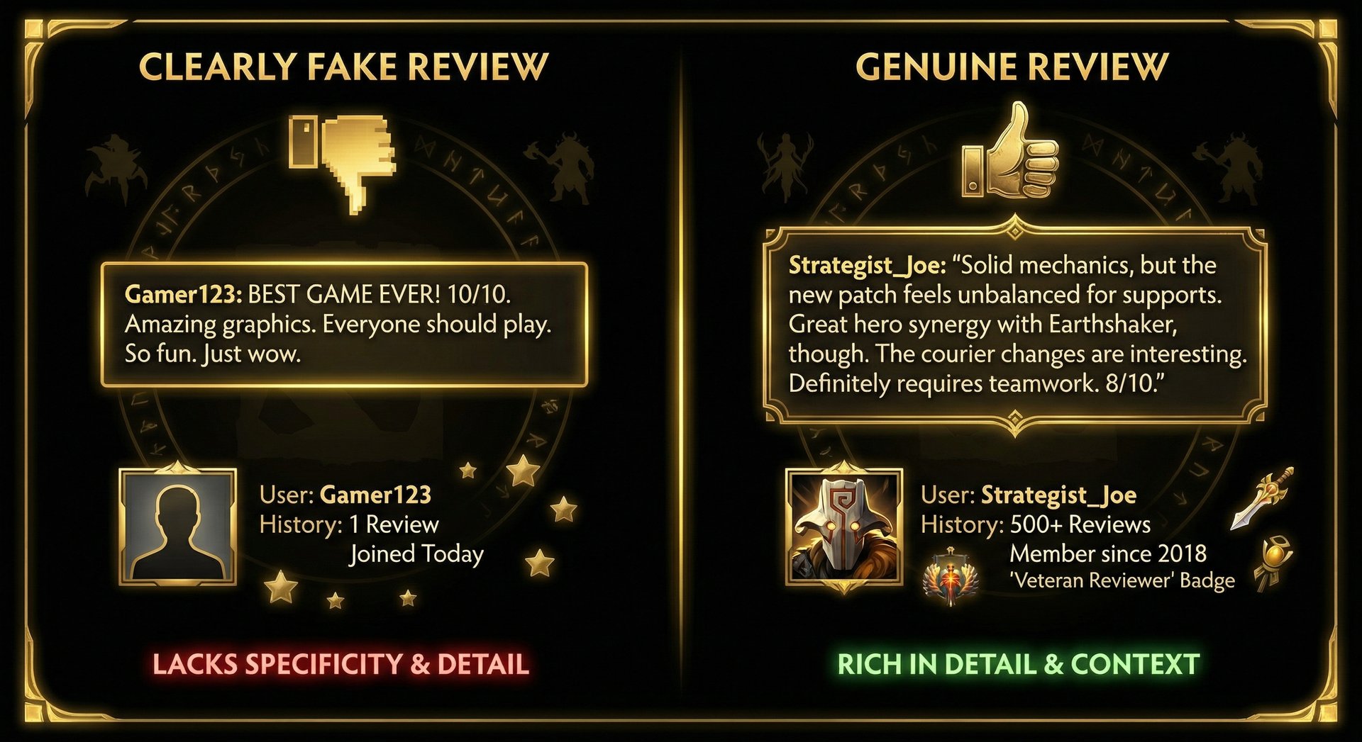 Side-by-side examples of a clearly fake review versus a genuine review, highlighting the differences in specificity, detail, 