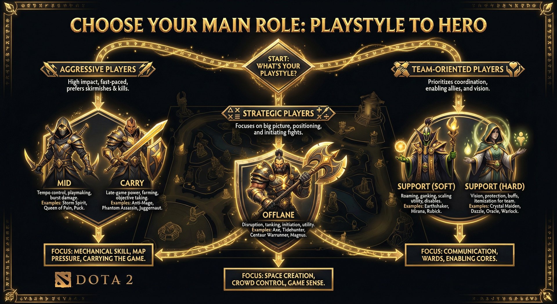 Flowchart showing how to choose your main role based on playstyle preferences — aggressive players → mid/carry, strategic pla