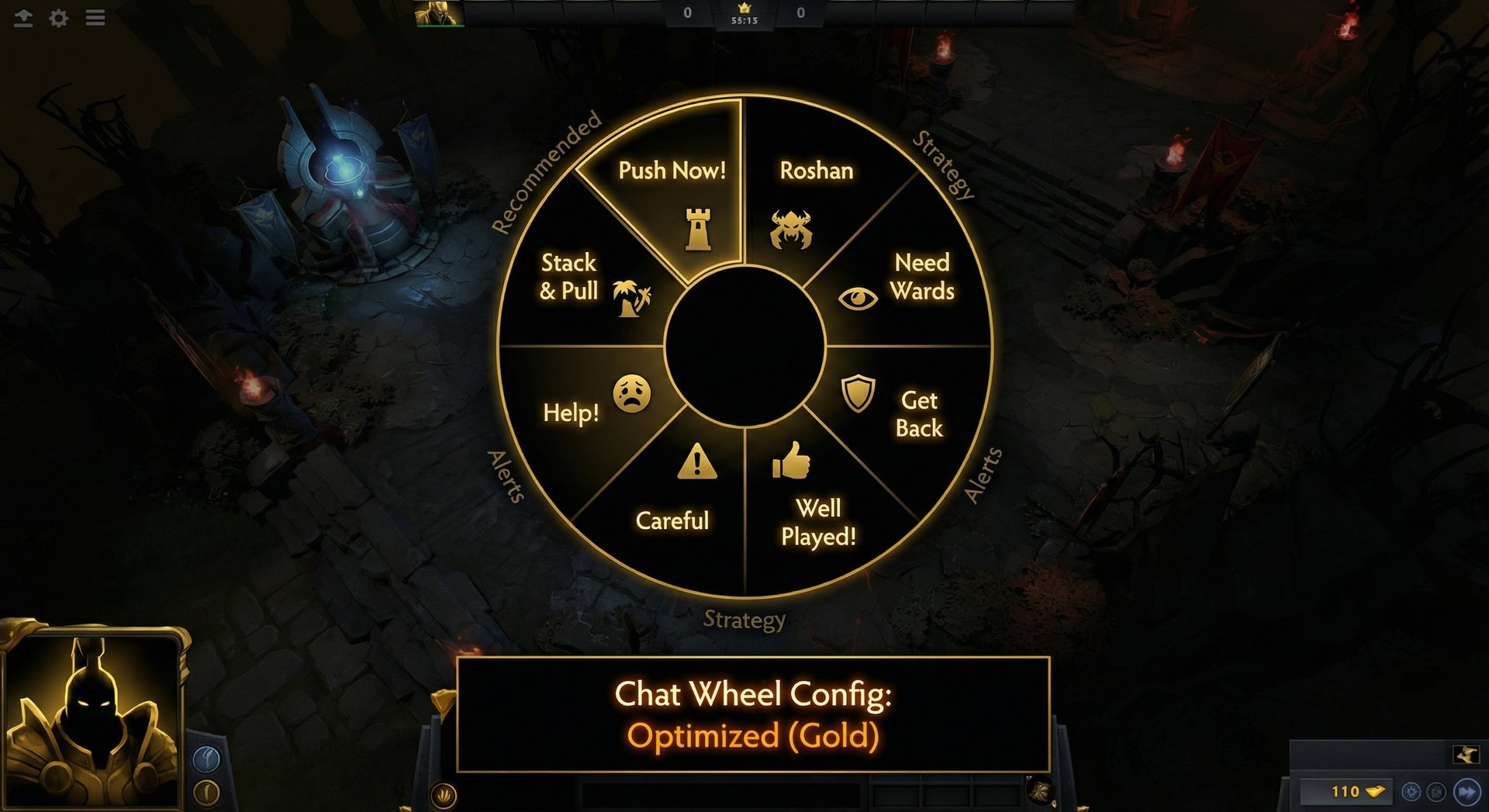 Screenshot of an optimized Dota 2 chat wheel setup with the recommended communication shortcuts highlighted