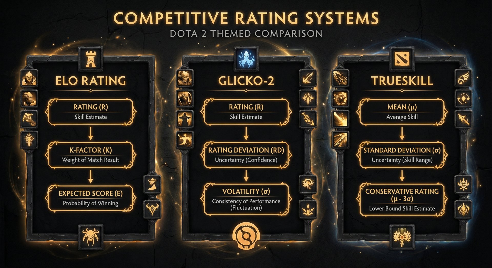 Diagram comparing Elo, Glicko-2, and TrueSkill rating systems side by side with their key variables