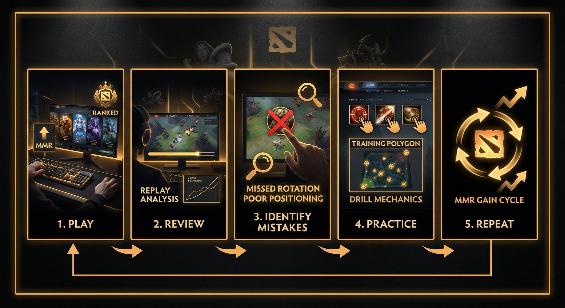 Step-by-step visual guide showing the MMR improvement cycle: play, review, identify mistakes, practice, and repeat