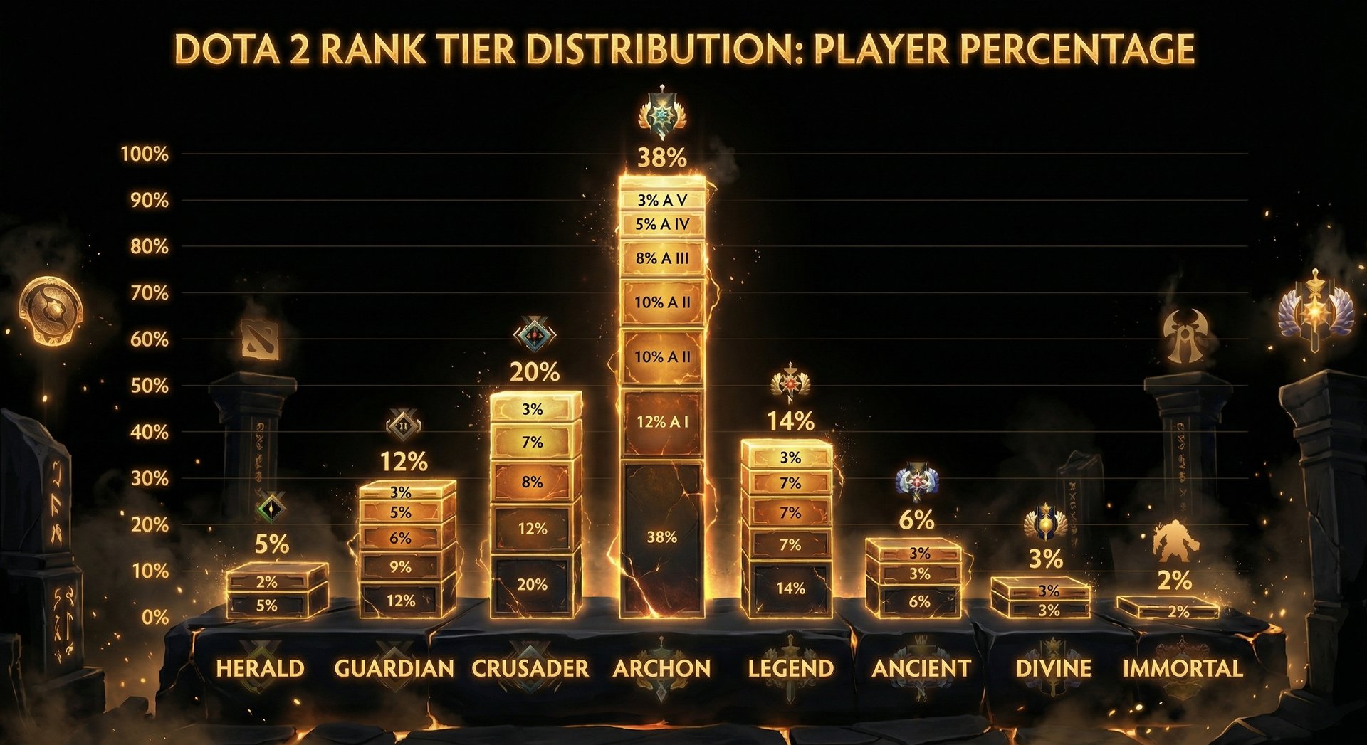 Stacked bar chart showing the percentage of players in each rank tier, with Archon being the tallest bar