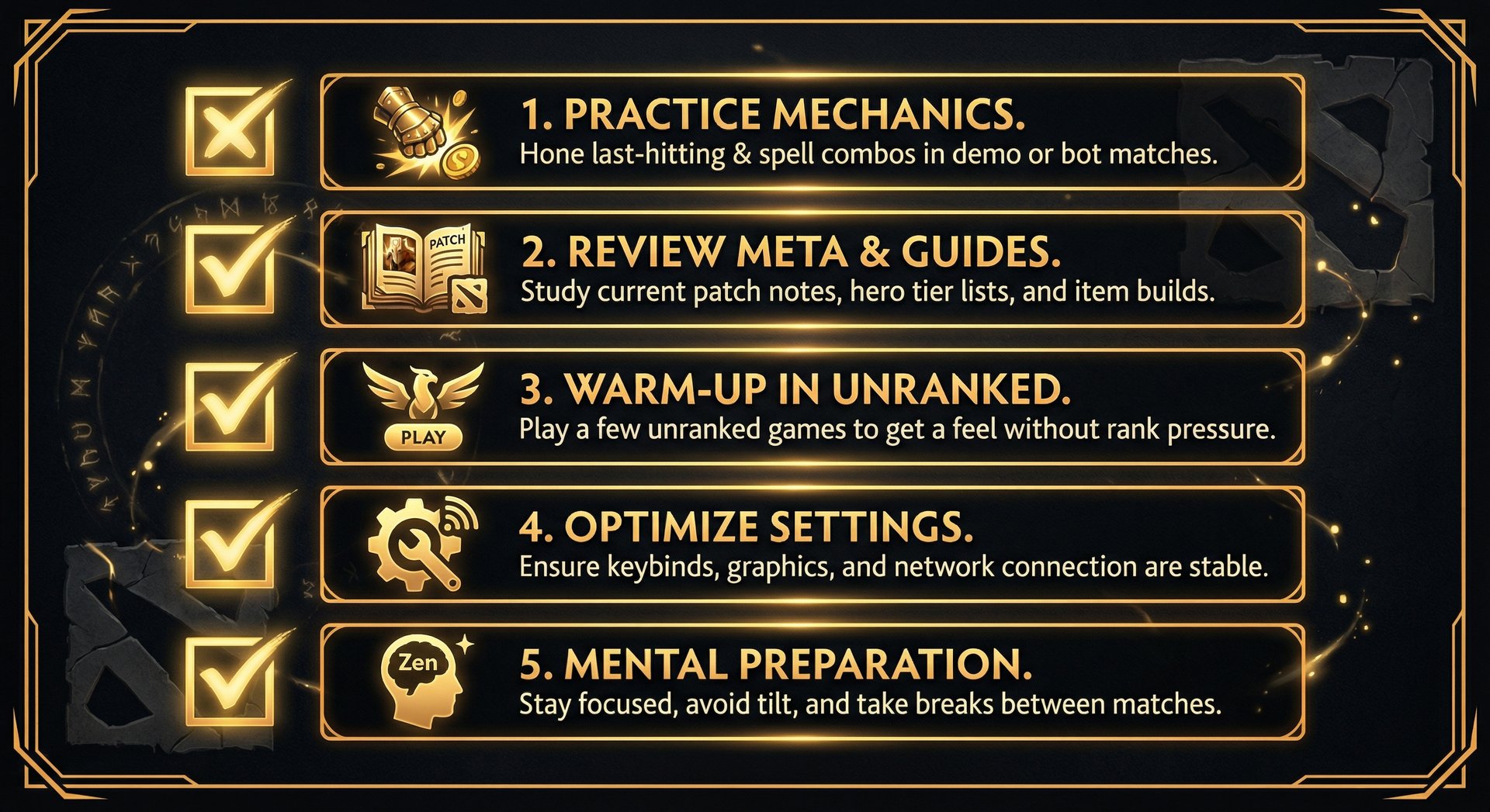 Checklist infographic showing the 5 pre-calibration preparation steps with icons