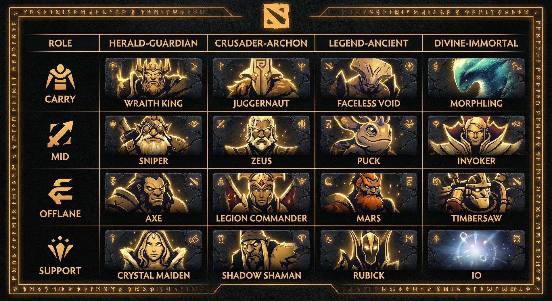 Quick-reference card showing one recommended hero per role for each bracket range (Herald-Guardian, Crusader-Archon, Legend-A