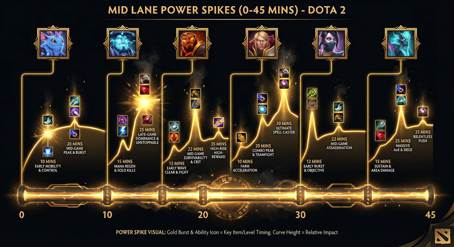 Timeline infographic showing power spikes for the top 6 mid heroes from minutes 0-45