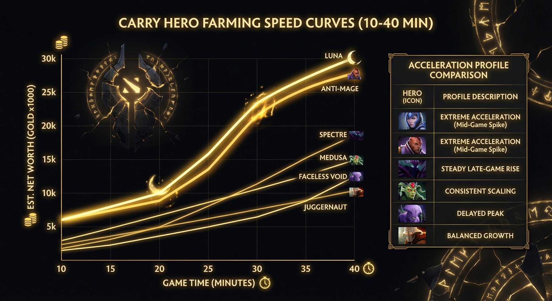 Comparison table/infographic showing farming speed curves of different carry heroes from 10-40 minutes, with Luna and Anti-Ma
