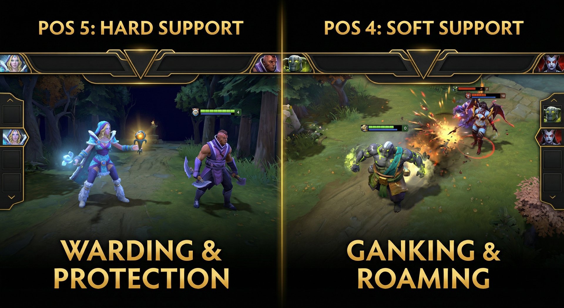 Split comparison showing Position 5 support gameplay (warding, protecting carry) vs Position 4 support gameplay (ganking, roa