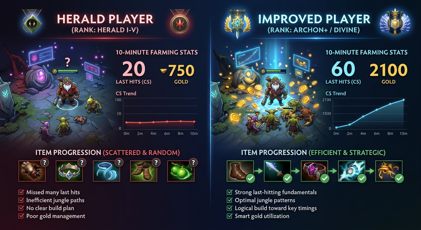 Herald vs improved player farming comparison in Dota 2