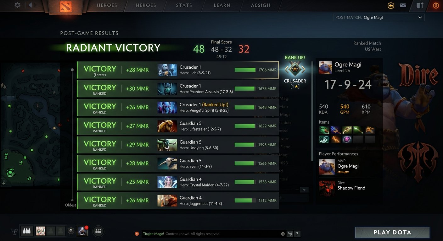 Win streak showing Guardian to Crusader MMR progression