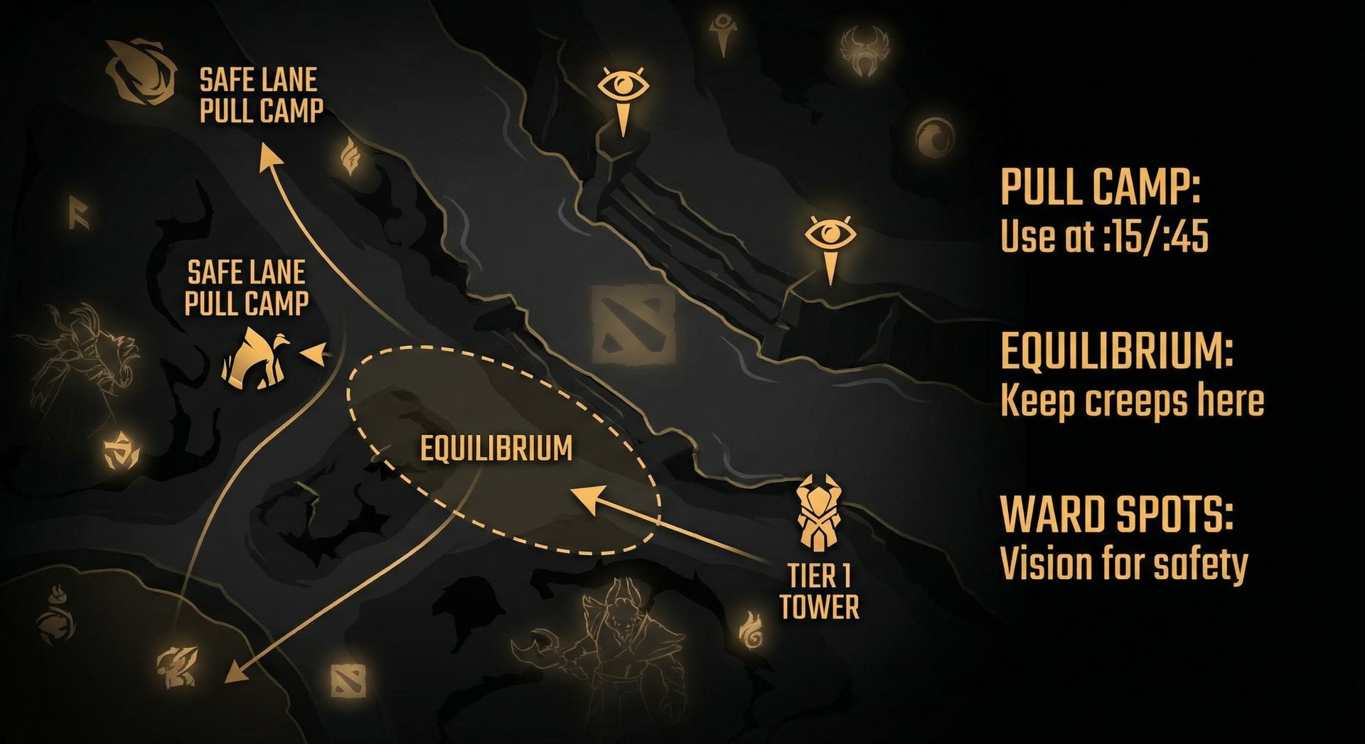 Annotated Dota 2 laning diagram showing safe lane pull camp, creep equilibrium position, and ward spots for Crusader-level pl
