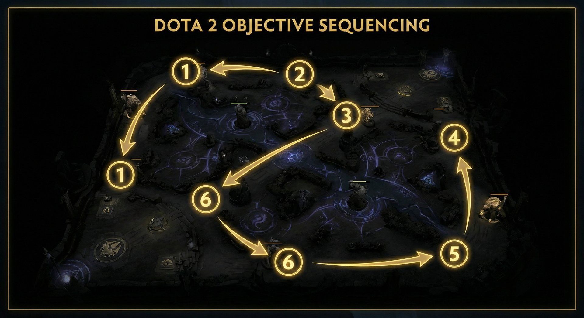 Annotated Dota 2 map showing tower sequencing numbered 1-6 with arrows indicating the optimal order for taking objectives