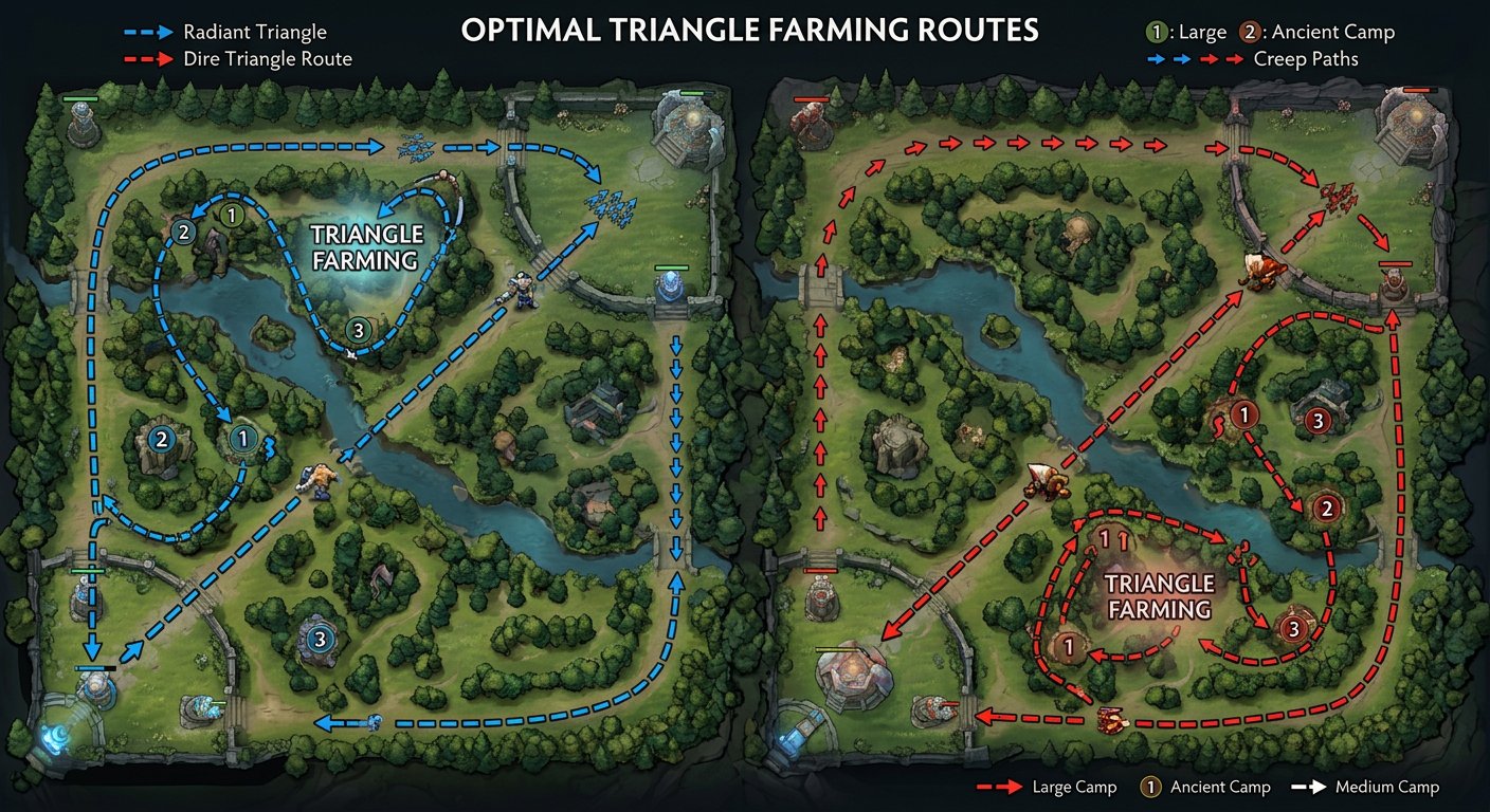 Top-down Dota 2 map showing optimal triangle farming routes for Radiant and Dire