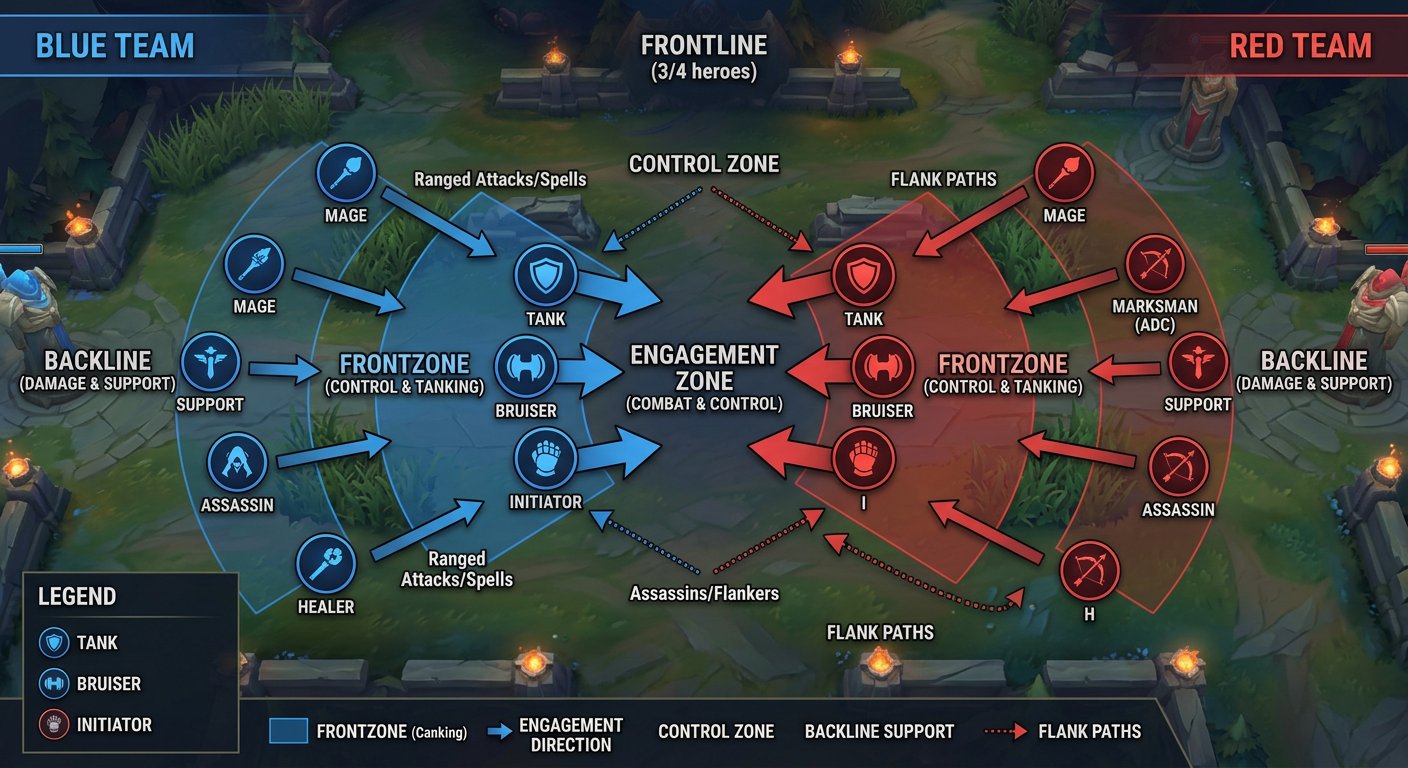 Teamfight positioning diagram showing frontline (3/4 heroes) and backline (1/2/5
