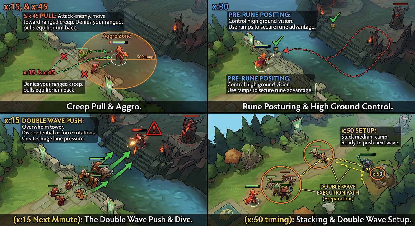 Annotated Dota 2 mid lane showing wave timing markers at x:45 for rune control, 