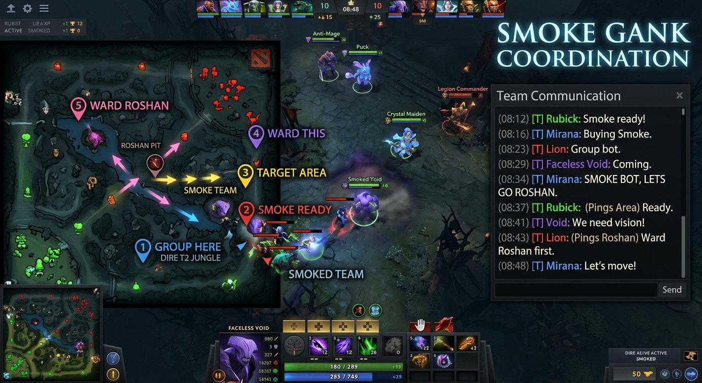Dota 2 in-game strategic communication example showing team chat messages with p