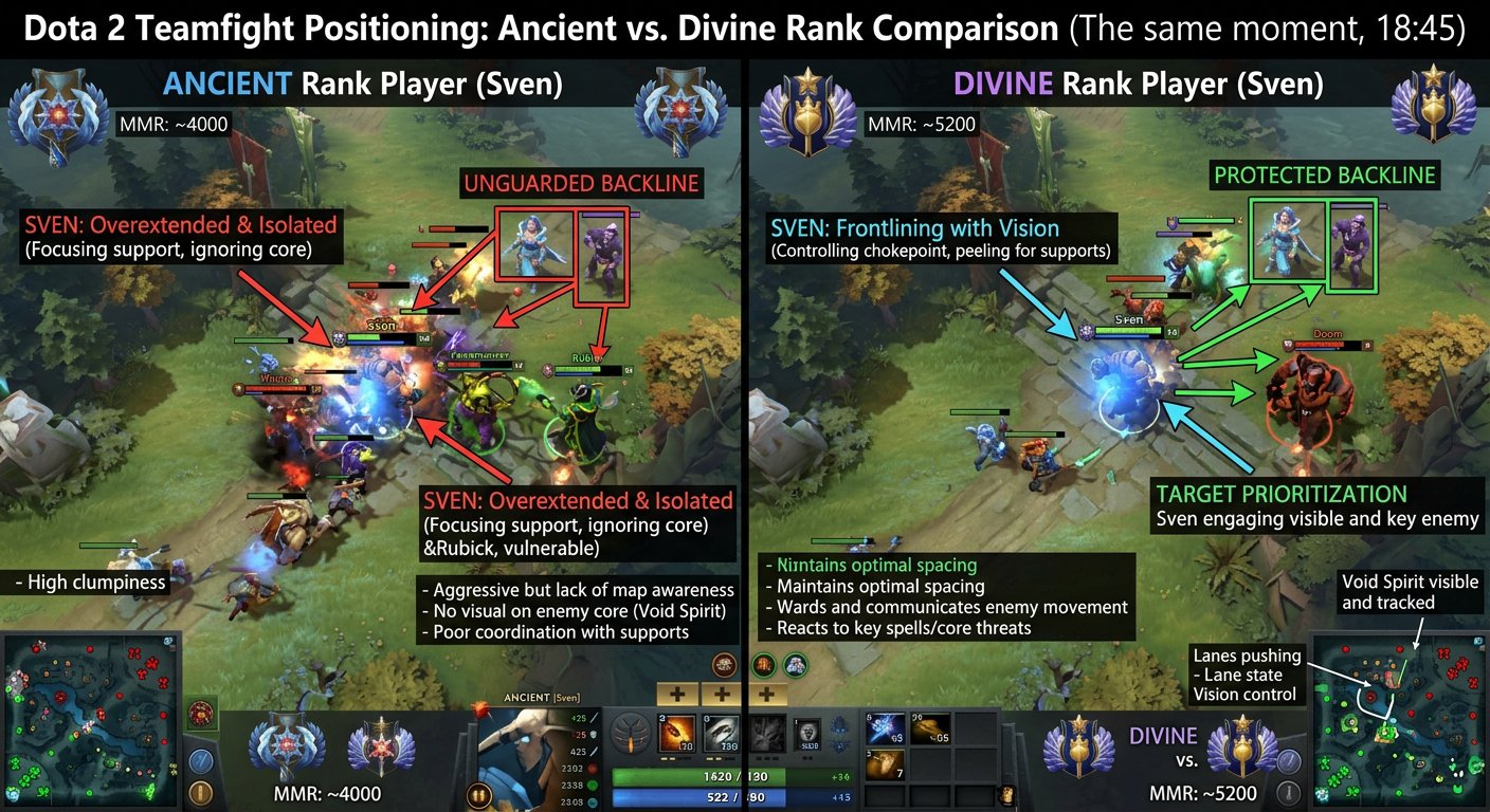 Split-screen comparison of an Ancient player's fight positioning vs. a Divine pl
