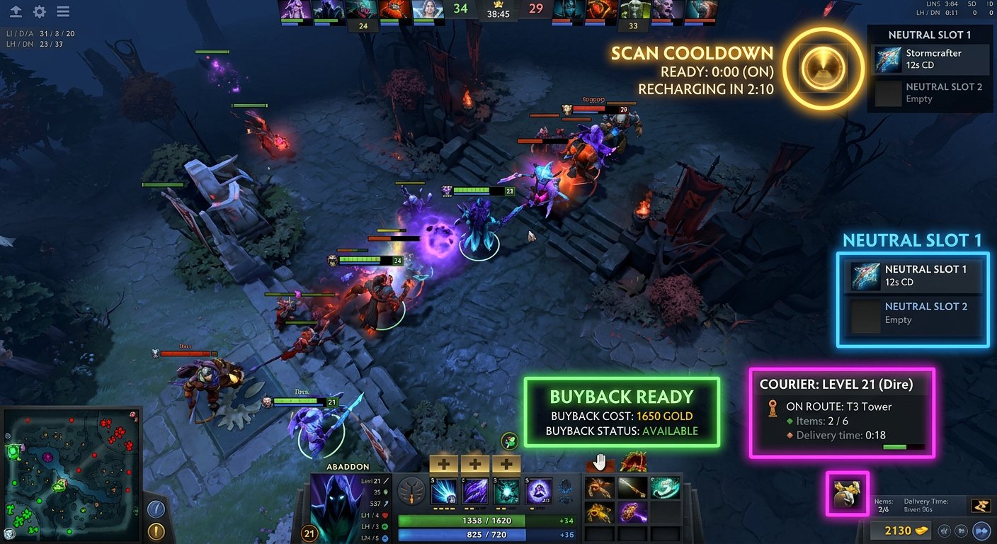 Detailed Dota 2 HUD screenshot with overlays highlighting often-missed informati