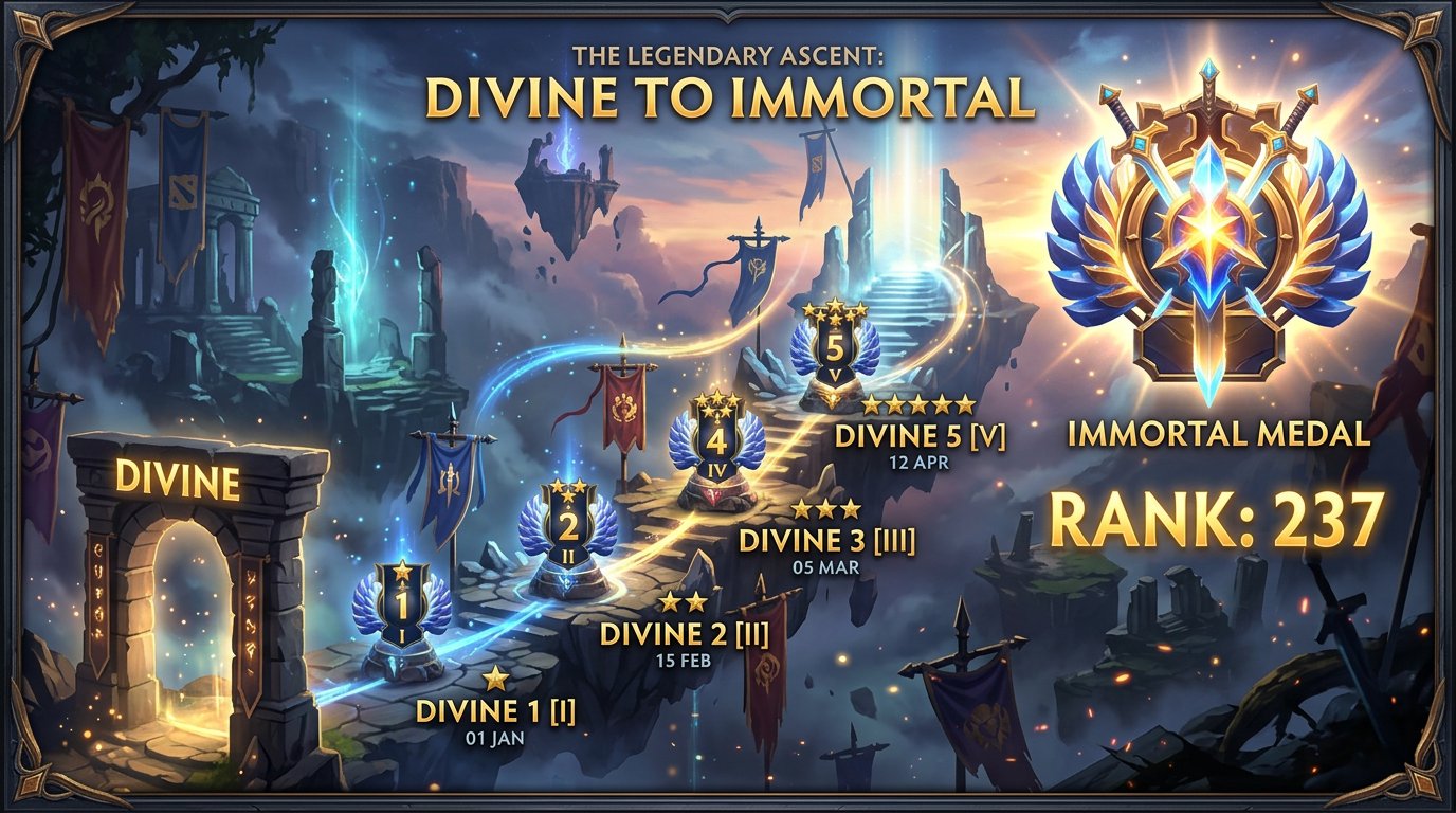 Achievement banner showing the journey from Divine to Immortal with milestone ma