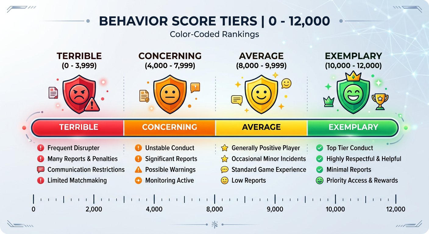 Infographic showing the Behavior Score tiers from 0 to 12,000 with color coding 