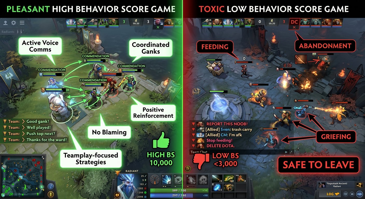 Side-by-side comparison showing a pleasant high-BS Dota 2 game with teamwork ind