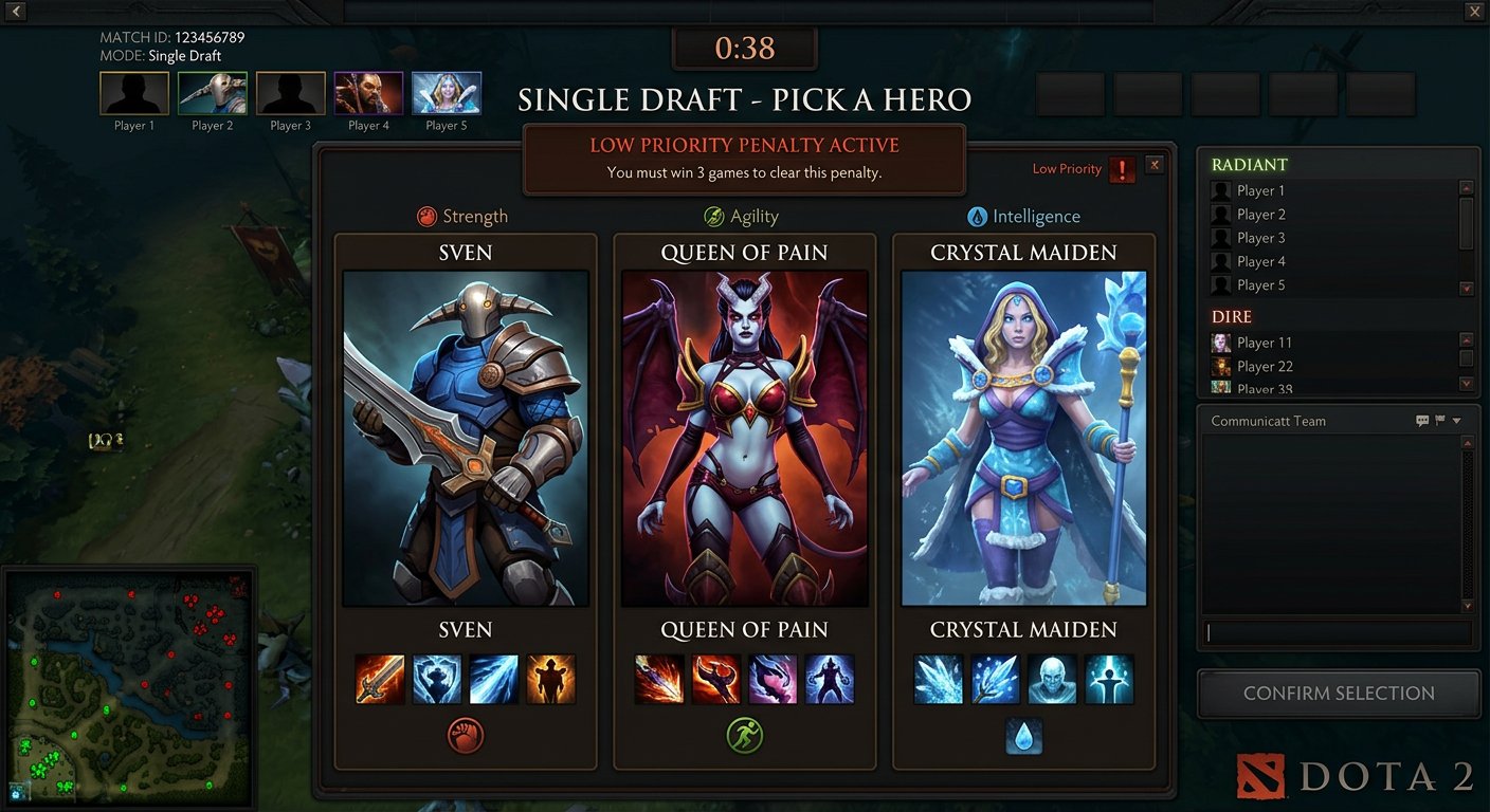 Dota 2 Single Draft hero selection screen showing the three-hero choice format u