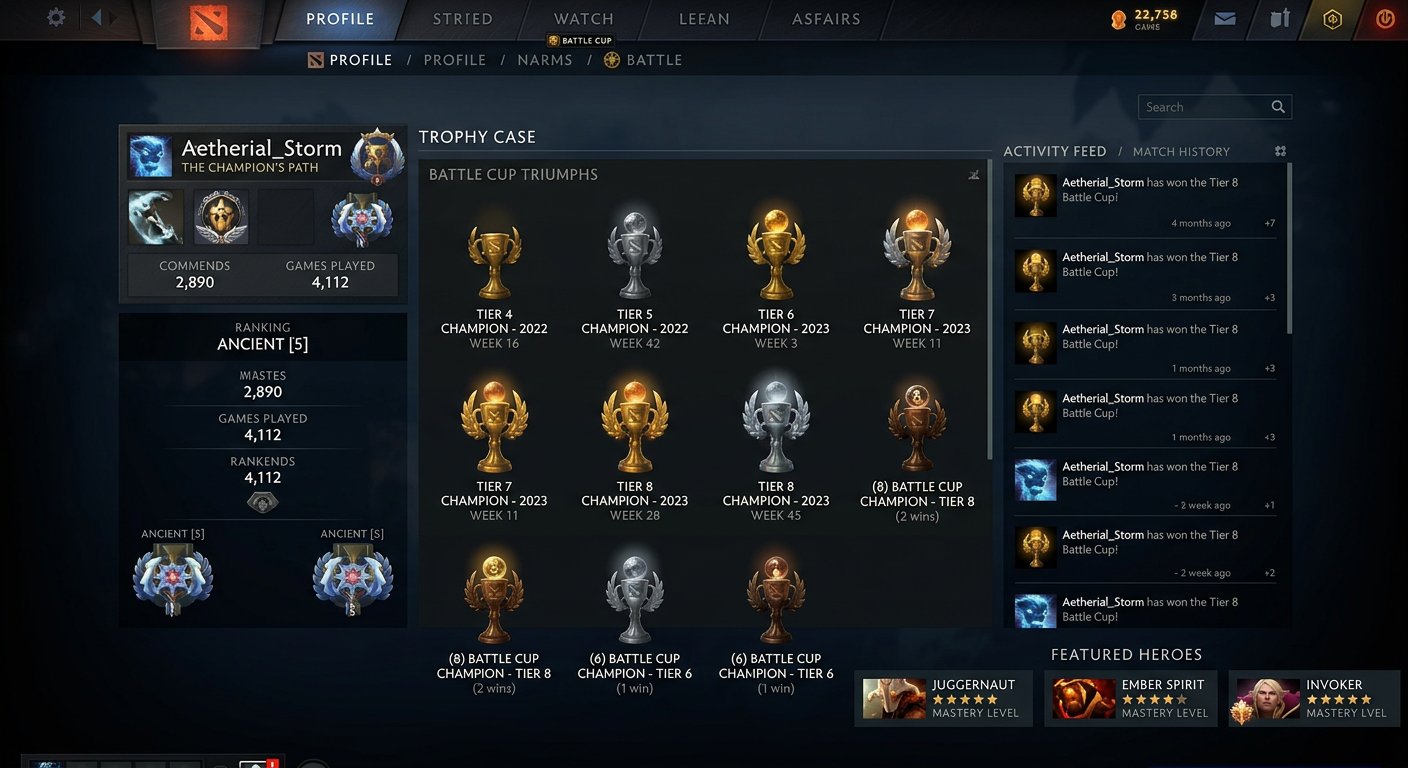 Dota 2 player profile showing multiple Battle Cup champion trophies at various t