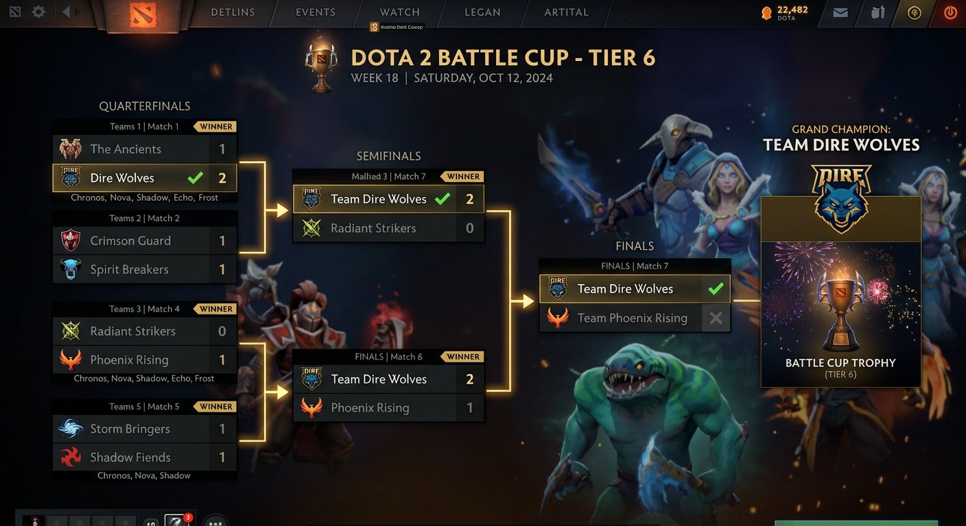 Dota 2 Battle Cup bracket view showing a team's progression through quarterfinal