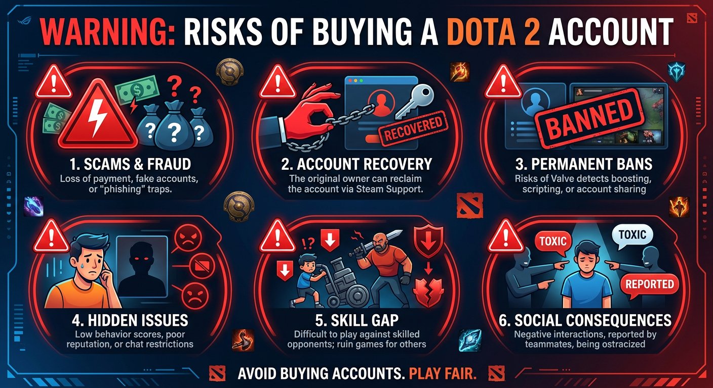A warning infographic showing the six major risks of buying a Dota 2 account — s