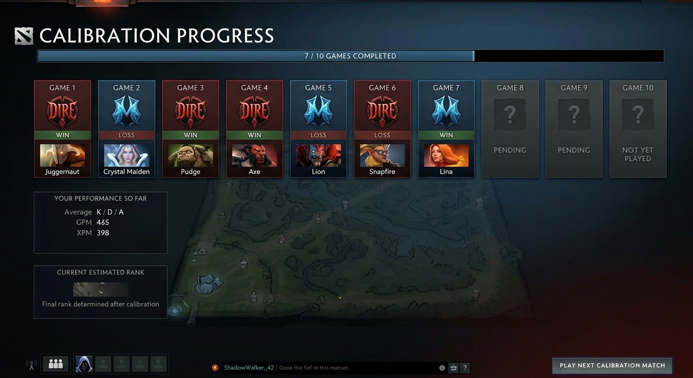 Dota 2 calibration progress screen showing 7 out of 10 games completed with a mi