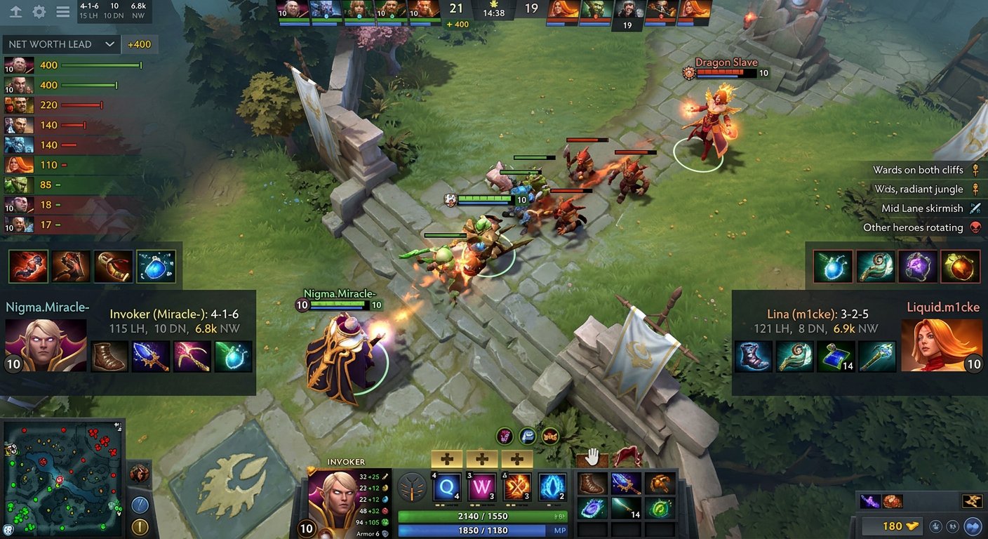 Screenshot of a high-MMR mid lane matchup showing Invoker vs Lina with item buil