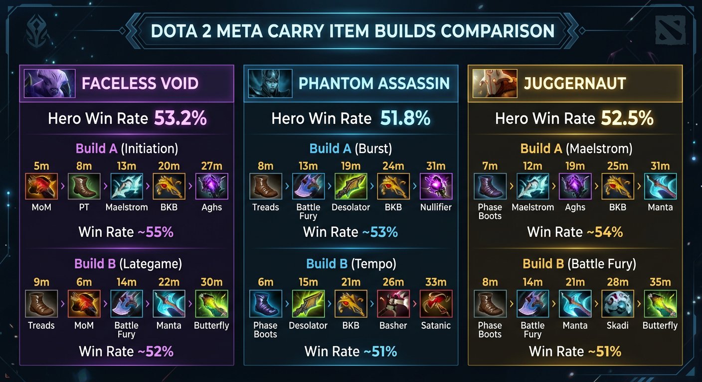 Dota 2 item build comparison infographic table showing meta builds for top carry