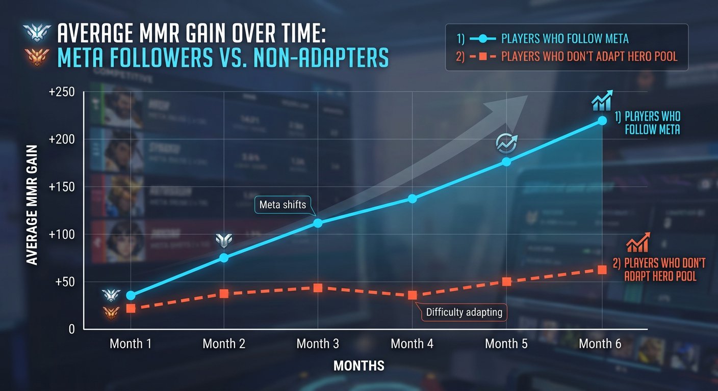 Graph showing average MMR gain over time comparing players who follow meta vs pl