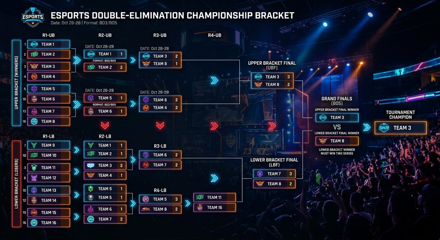 Esports tournament bracket diagram showing a double-elimination format with Uppe
