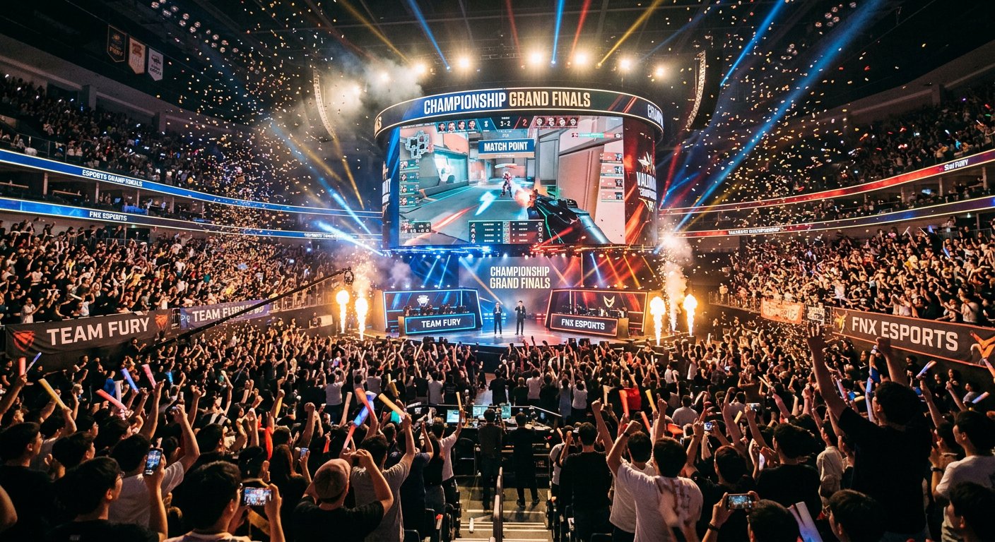 Packed esports arena during a championship grand finals match, crowd of thousand