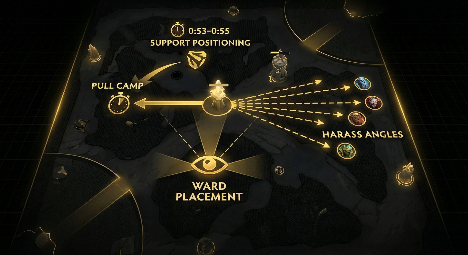 Diagram showing correct support positioning in the safe lane with pull camp timing, ward placement, and harass angles
