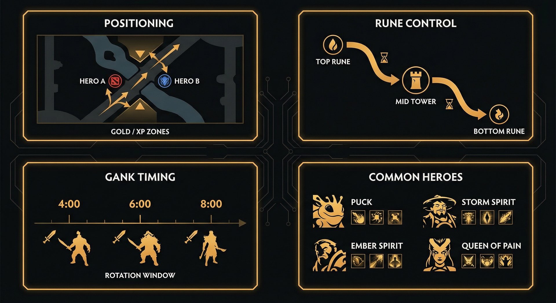 Split-screen showing mid lane matchup positioning, rune control paths, and gank timing indicators for common mid heroes
