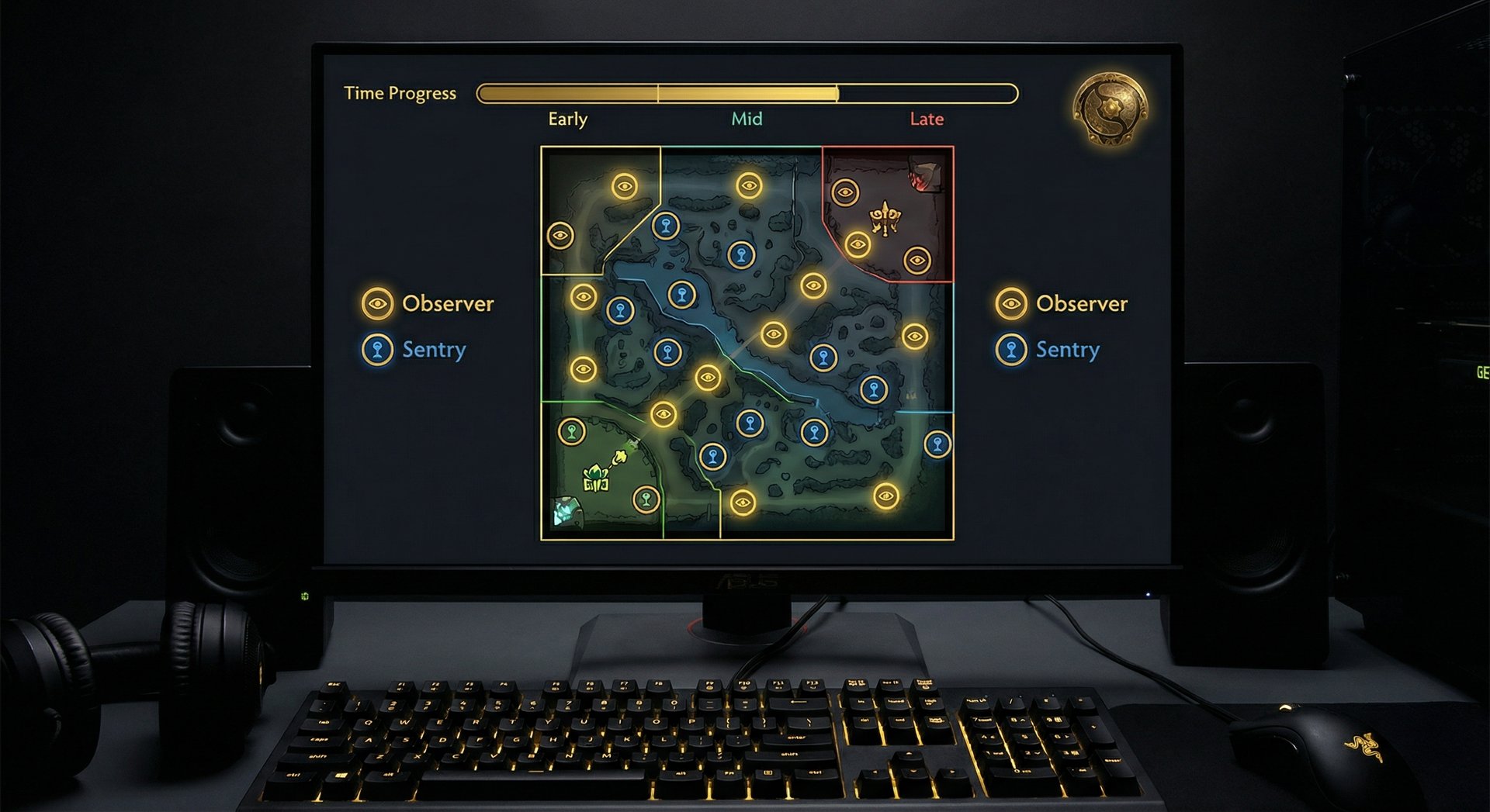 Support player perspective showing ward placement map with optimal observer and sentry locations for different game phases