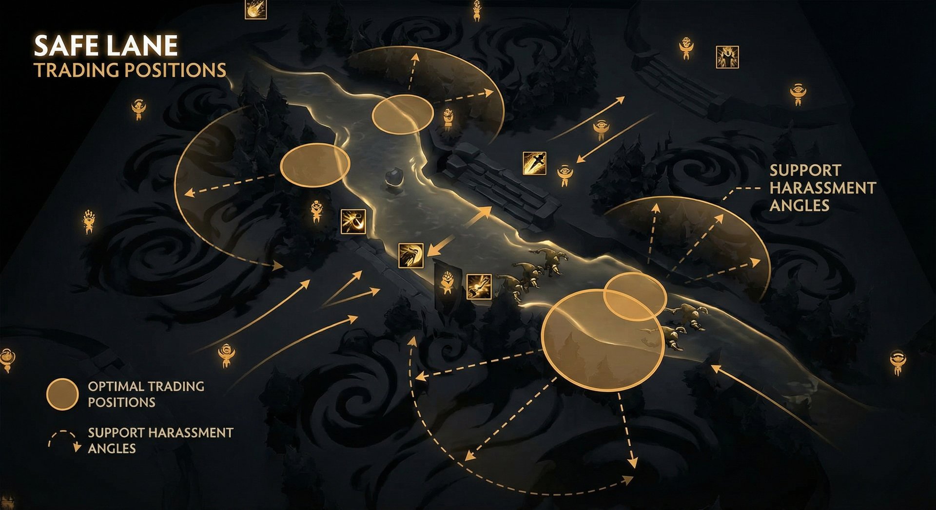 Diagram showing optimal trading positions in the safe lane, with support harassment angles marked from tree lines and fog pos