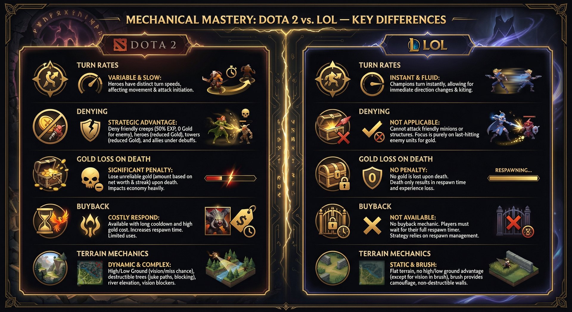 Side-by-side comparison infographic showing key mechanical differences between Dota 2 and LoL — turn rates, denying, gold los