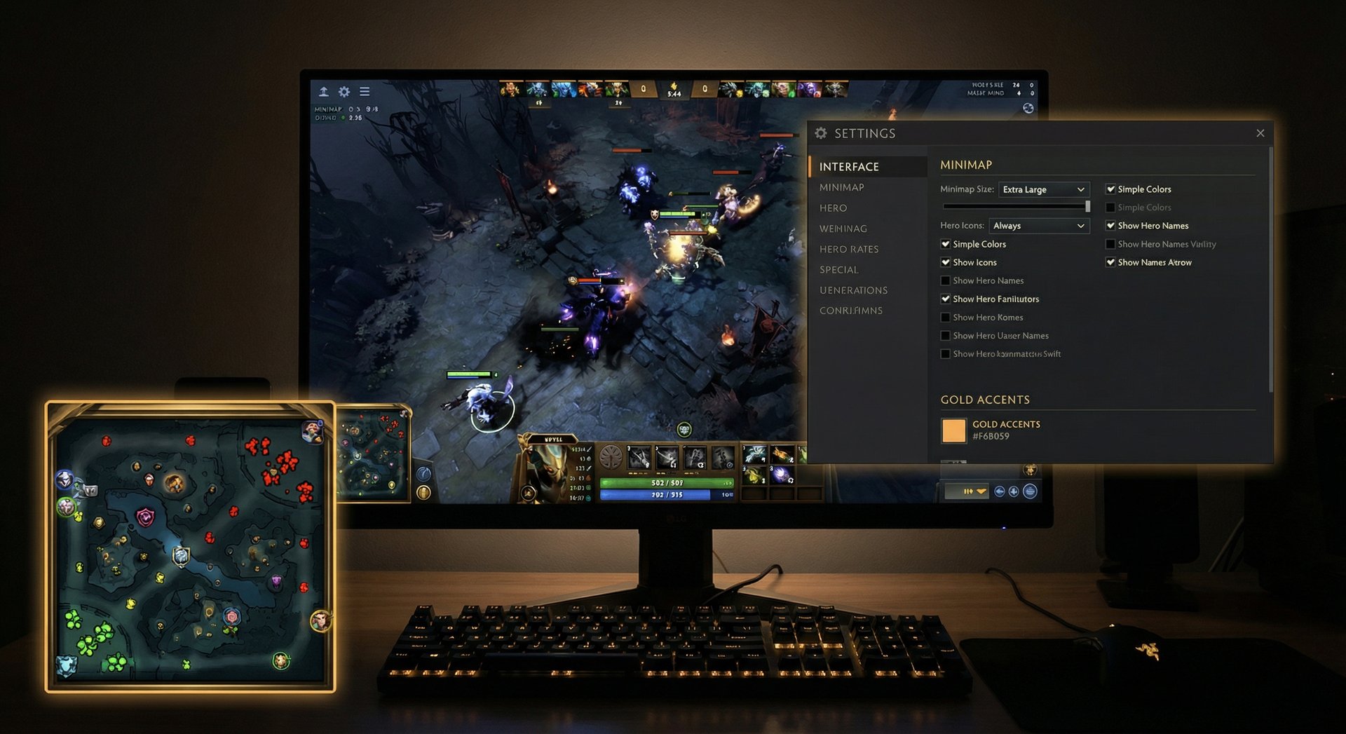 Dota 2 HUD showing optimal minimap configuration with hero icons, increased size, and recommended interface settings visible