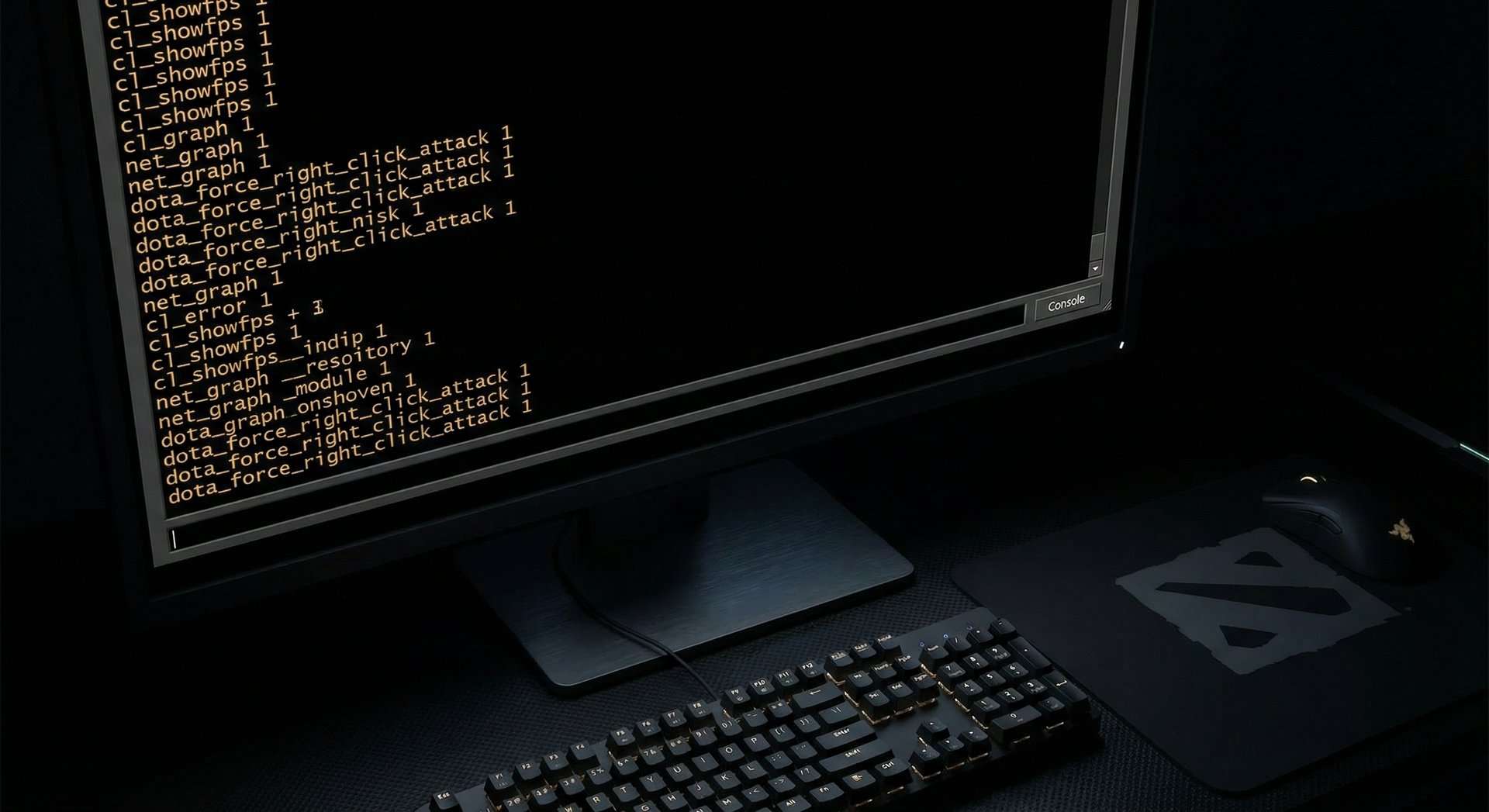 Dota 2 console open showing commonly used commands like cl_showfps, net_graph, and dota_force_right_click_attack
