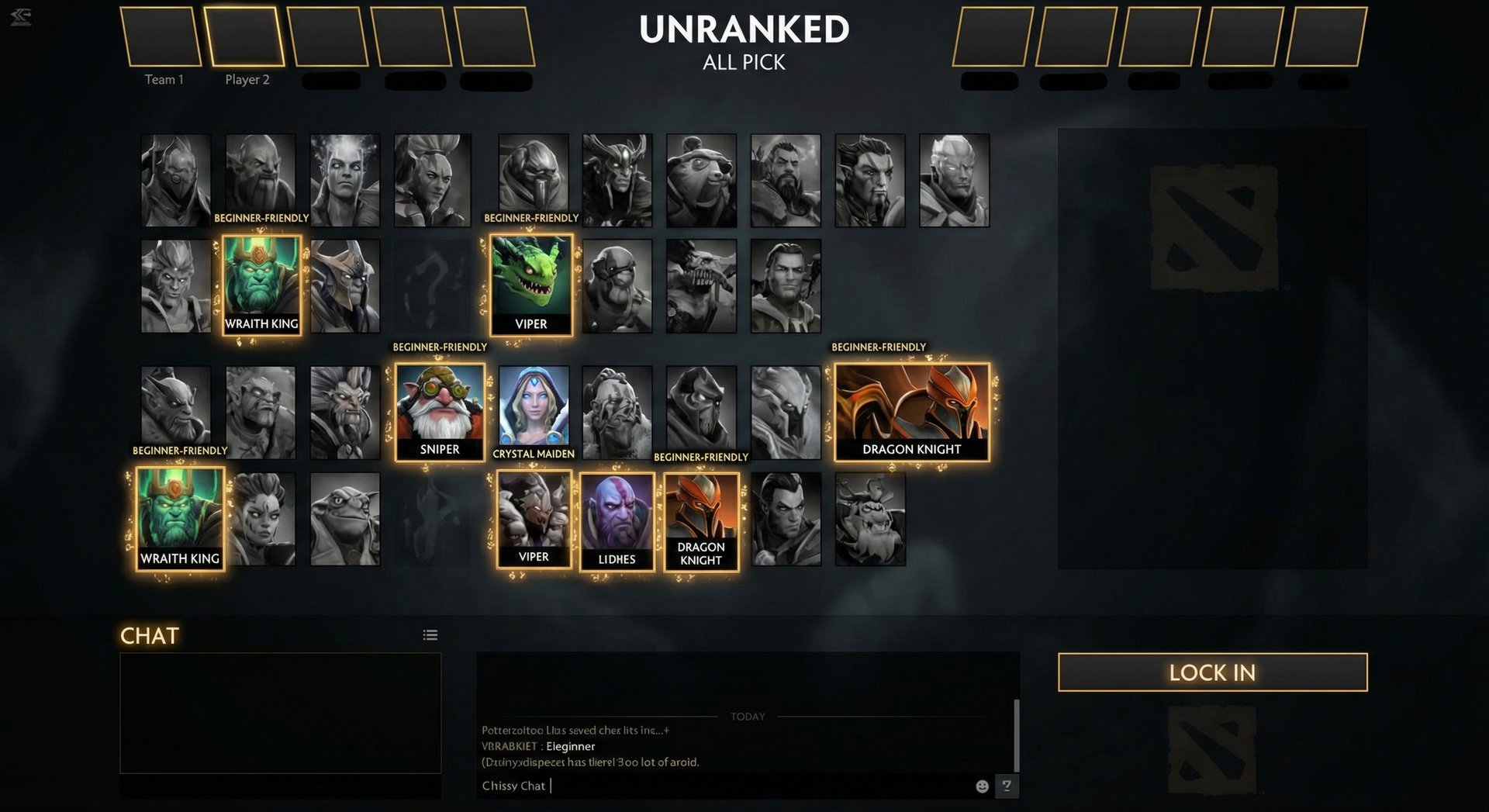 Dota 2 hero selection screen in unranked All Pick mode with beginner-friendly heroes highlighted