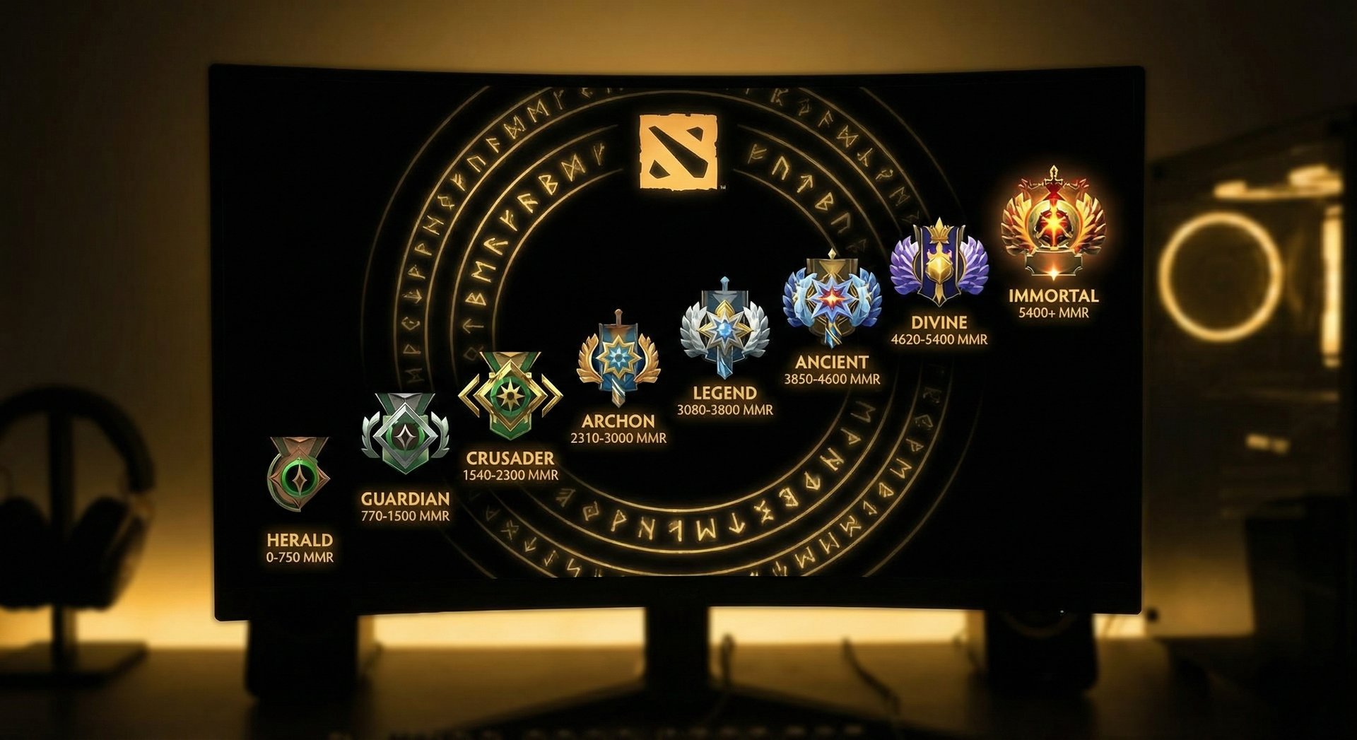 Dota 2 ranked medal display showing the progression from Herald through Immortal with MMR ranges labeled